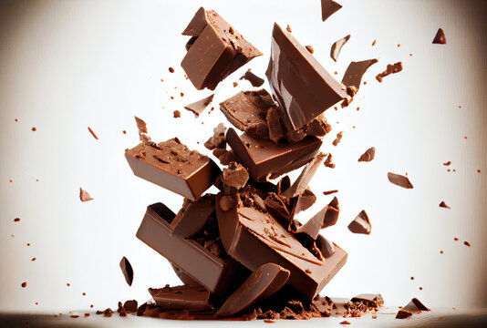 Closeup stacked chocolate chunks falling. Food and dessert concept. Generative AI