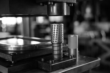 Sheet Metal Stamping Tool Die for Automotive Precision Parts on The Numerical Control Milling Machine Table. Tandem Stamping System. At a High Quality Technology Factory. Black and White Photography.