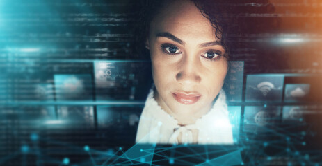 Futuristic, AI and business woman, face and connectivity, cyber data overlay and technology innovation. Digital transformation, metaverse and tech analytics, web dashboard and internet holographic