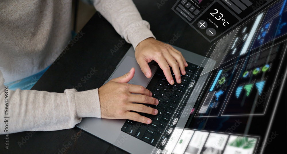 Leinwandbilder Man, hands and laptop hologram with dashboard, data analysis and software for network innovation. Above, computer typing and digital overlay for website, database and internet analytics on technology