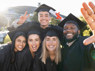 Students, graduation selfie and outdoor at campus with happiness, pride and celebration in summer....