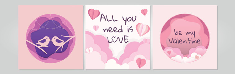 Set of greeting cards for valentine s day, illustraton of kissing birds, pink clouds, pink hearts, vector illustration in paper cut style
