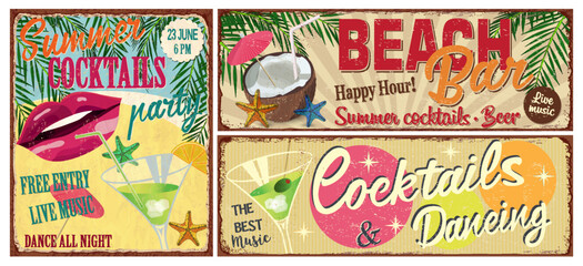 Vintage Beach Bar posters.Summer cocktails,beach,palm metal sign.