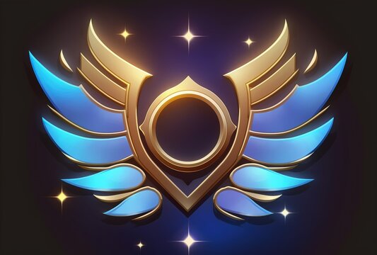 Gold and blue badge with wings created with generative AI