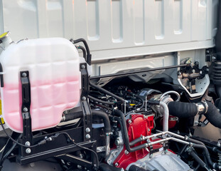 Truck car gearbox inside under the hood chassis clean. View on chassis frame equipment. Car back parts details devices. New truck chassis frame. Truck MOT maintenance repair.