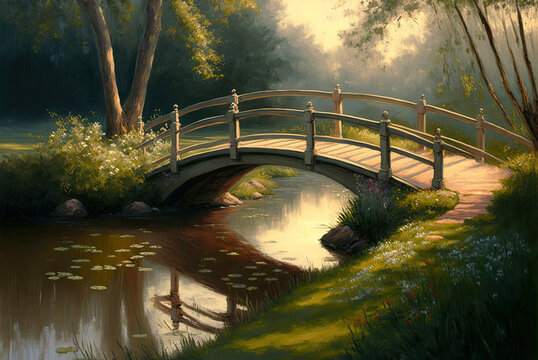 Oil-Based Painting Of Bridge Over Creek
