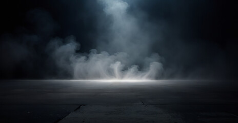 Gray textured concrete platform, podium or table with smoke in the dark