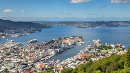 Amazing view over the city of Bergen, Norway from the top of the funicular to Mount Fløyen