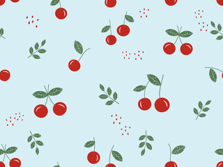 Seamless pattern of cherry fruit with green leaves on blue background vector.