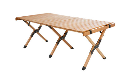 Folding wooden table for camping on white background.
