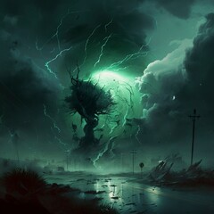storm, lightning, green fog with Generative AI