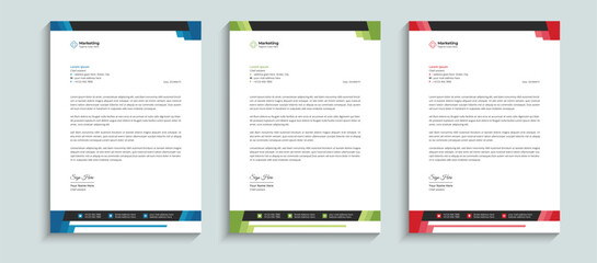 Clean and Minimal professional corporate business letterhead template design. Creative company business brand stationary identity and cover layout template with red, blue, and green colors variation.