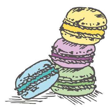 Cakes. Macarons. Pencil drawing for the menu. Sketch. Coloring