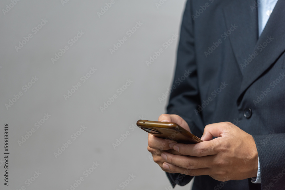 Poster man using mobile smart phone.digital technology communications concept.