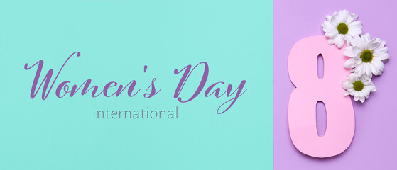 Greeting card for Women's Day with figure 8 and flowers on color background