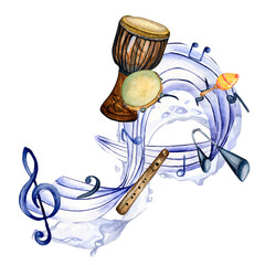 Treble clef, musical notes and djembe watercolor illustration on white. Percussion musical...