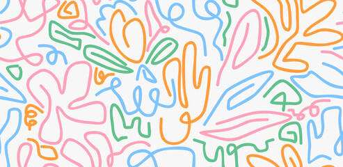 Fototapeta na wymiar line doodle seamless pattern. abstract background for children or trendy design with basic shapes.