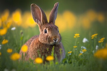 A rabbit on a meadow of wildflowers with Generative AI 