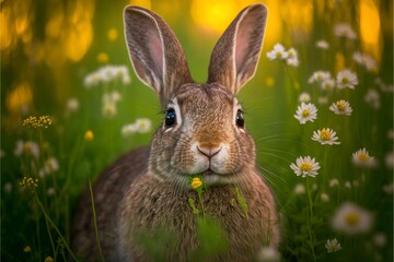 A rabbit on a meadow of wildflowers with Generative AI 