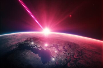 pink laser beam pointed at Earth from very high above with Generative AI