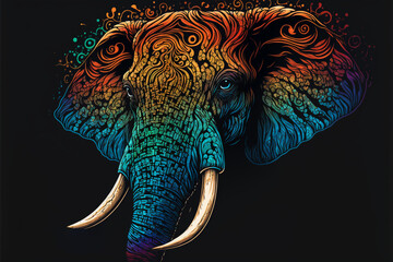 Colorful Elephant in a psychedelic style background, Rainbow Elephant fantasy, Neon Elephant, generative ai.