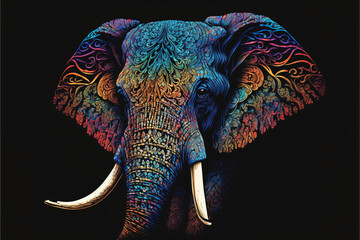 Obraz premium Colorful Elephant in a psychedelic style background, Rainbow Elephant fantasy, Neon Elephant, generative ai.