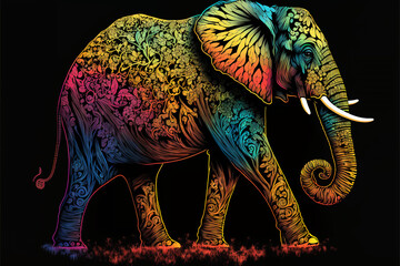 Obraz premium Colorful Elephant in a psychedelic style background, Rainbow Elephant fantasy, Neon Elephant, generative ai.