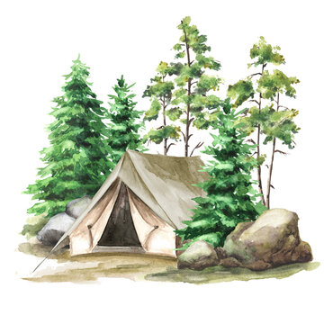 Hiking Tent in the forest. Camping concept.  Hand drawn watercolor illustration isolated on white background