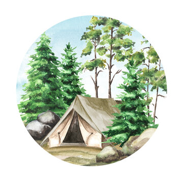 Hiking Tent in the forest. Camping concept.  Hand drawn watercolor illustration  isolated on white background