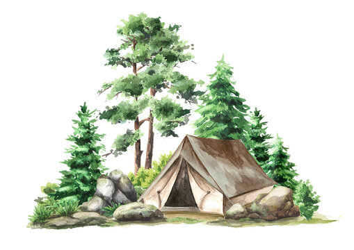 Hiking Tent in the forest. Camping concept. Hand drawn watercolor illustration isolated on white background
