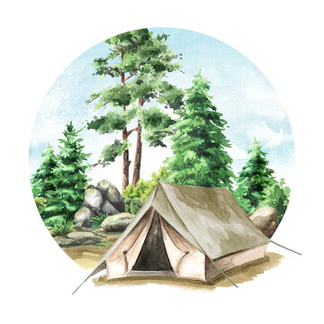 Hiking Tent near the camping place   Hand  drawn watercolor illustration isolated on white background