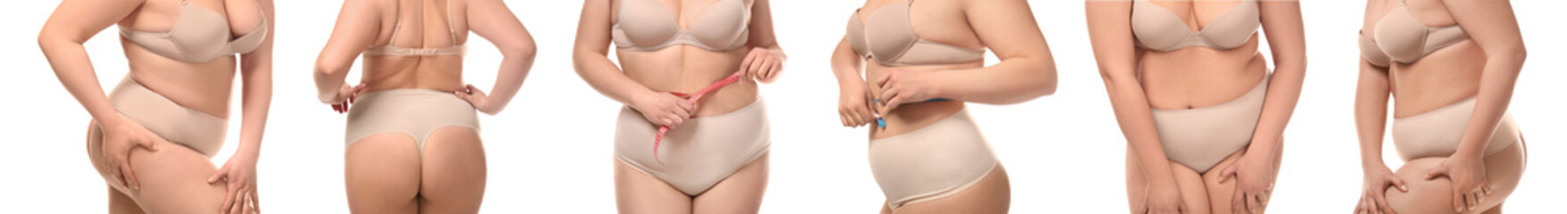 Set of plus size woman in underwear on white background. Weight loss concept