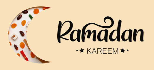 Fototapeta na wymiar Beautiful greeting card for Ramadan with crescent made of eastern sweets