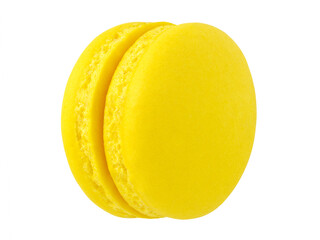 Side view, vertical yellow macaron (macaroon) lemon flavor, isolated on transparent background.