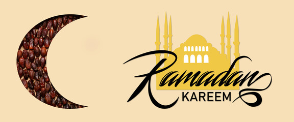 Beautiful greeting card for Ramadan with crescent made of dates