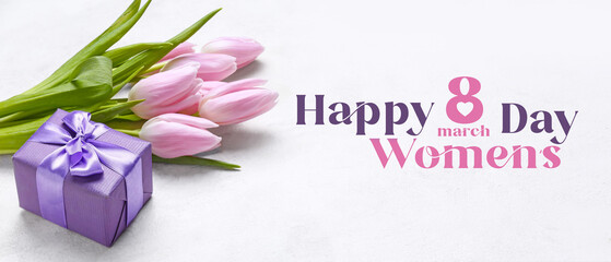 Greeting card for Women's Day with flowers and gift on light background