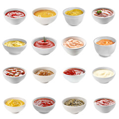 Set of natural sauces in bowls on white background