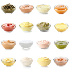 Group of natural sauces in bowls on white background