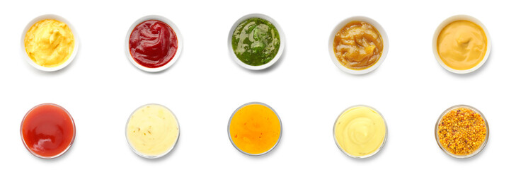 Collage of tasty sauces in bowls on white background, top view