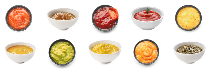 Collage of tasty sauces in bowls on white background