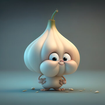 Cute garlic cartoon 3D character. Generative Ai