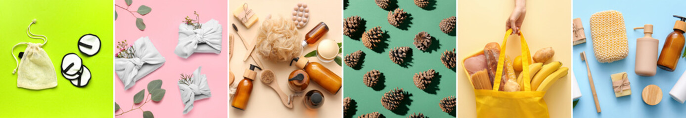 Group of eco accessories and cosmetics with floral decor on color background