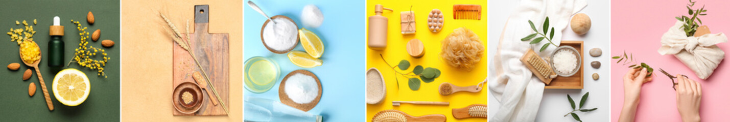 Collage of eco accessories and cosmetics on color background