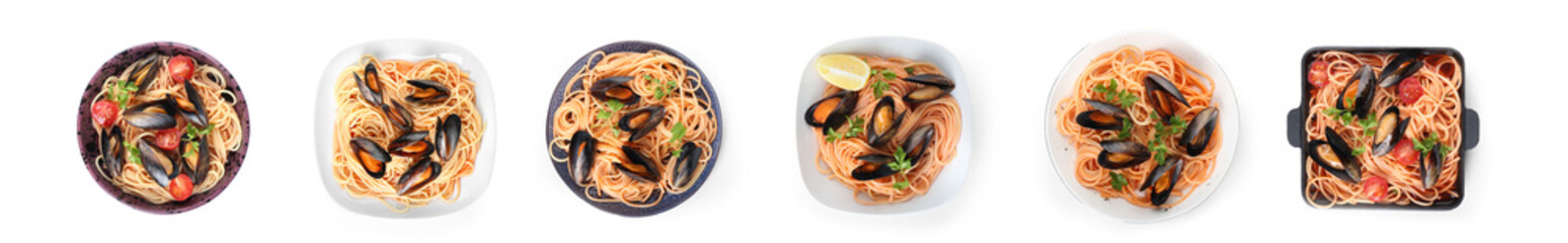 Collage of tasty Mussels Marinara spaghetti on white background, top view