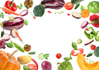 Frame made of flying fresh vegetables on white background. Banner for design