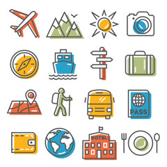 Travel and tourism icons on white background