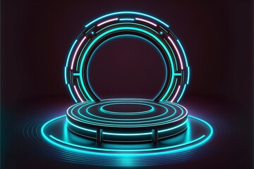 Obraz premium Portal and hologram futuristic Neon color circle elements. Standard podium or studio futuristic pedestal round platform showroom with Generative AI