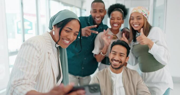 Selfie, office and group of people for social media post, business team or networking update with happy diversity. Workplace culture, gen z and thumbs up or peace sign of employees in profile picture