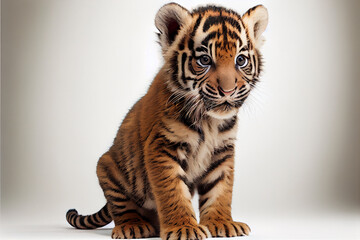 Obraz premium Portrait of a baby tiger on a white background. generative ai