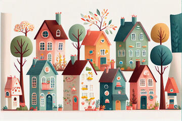 Cartoon. cute houses on a white background. generative ai